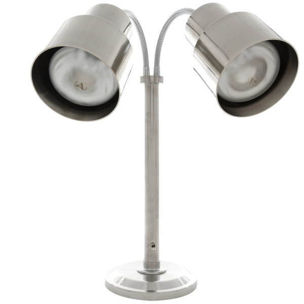 A stainless steel Hanson Heat Lamp with two bulbs on a stand.