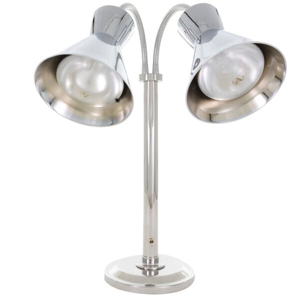 A chrome Hanson Heat Lamps freestanding heat lamp with two lamps on a metal pole.