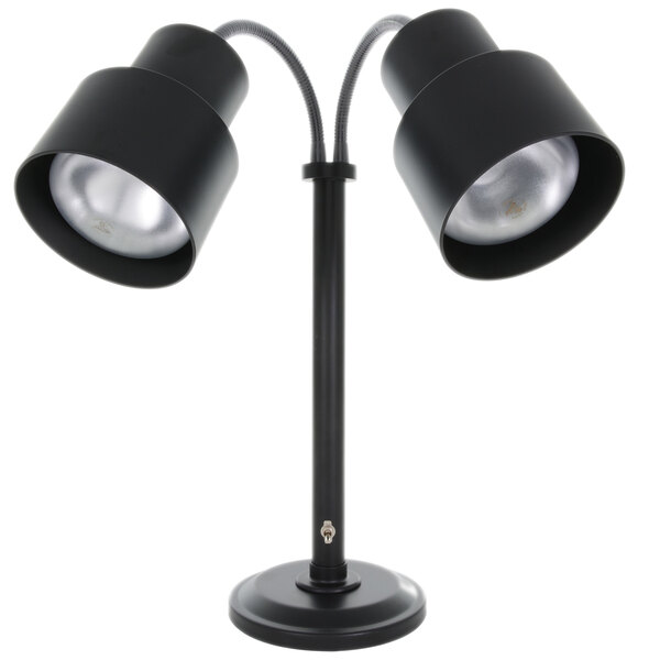 A black Hanson Heat Lamps freestanding dual bulb heat lamp.