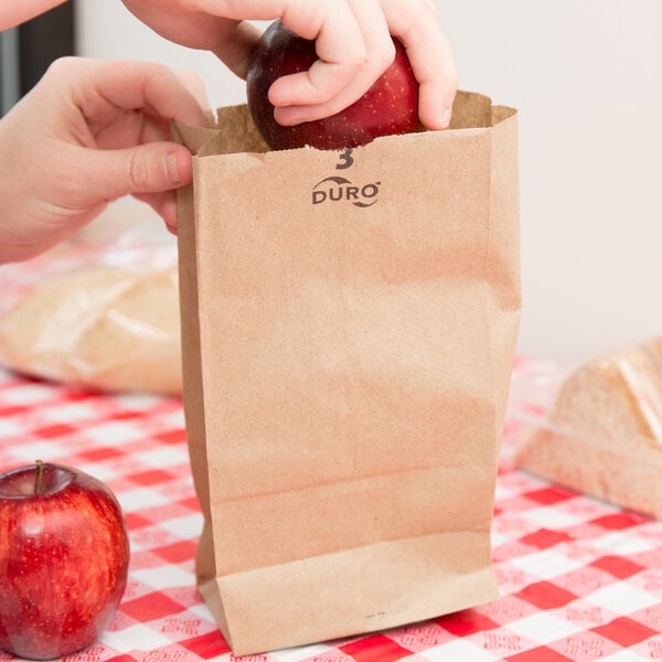 A hand putting an apple into a Duro brown paper bag.