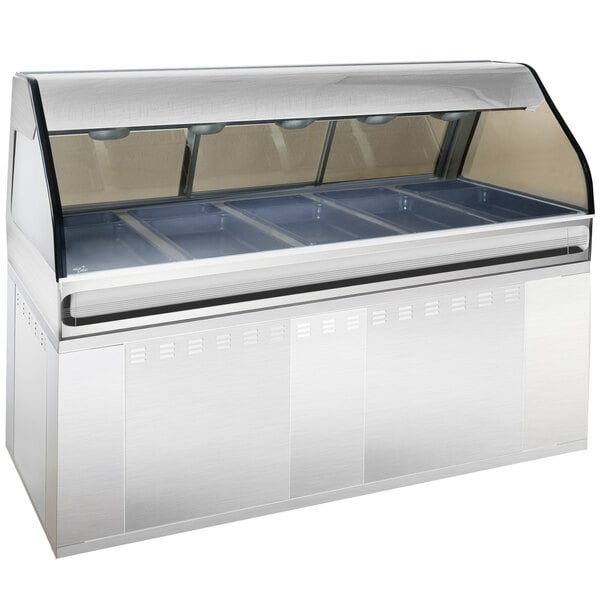 A stainless steel Alto-Shaam cook and hold display case with curved glass over trays.