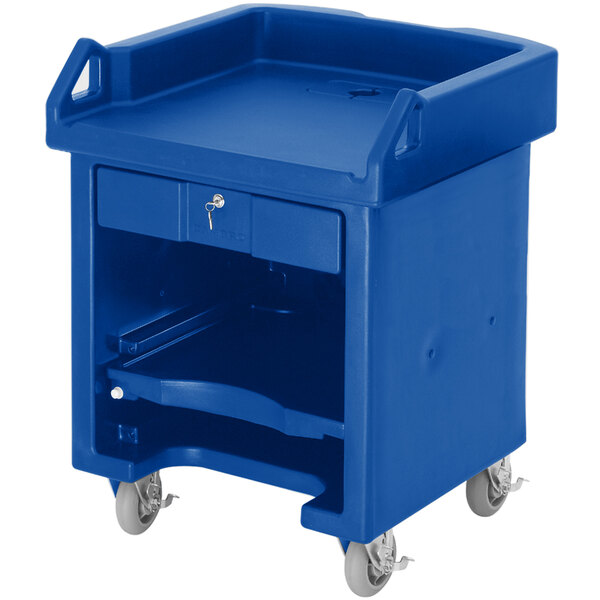 A blue plastic Cambro Versa Cart with heavy duty casters.