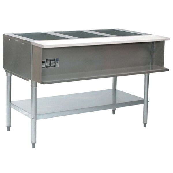 An Eagle Group stainless steel water bath steam table with four pans on a counter.