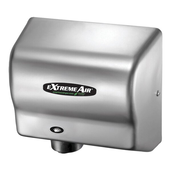 An American Dryer stainless steel hand dryer.