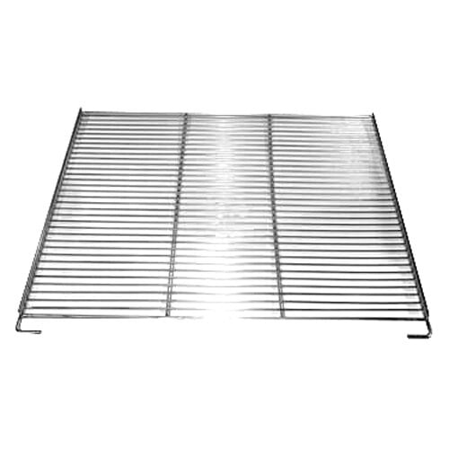 A stainless steel shelf with a metal grid on top.