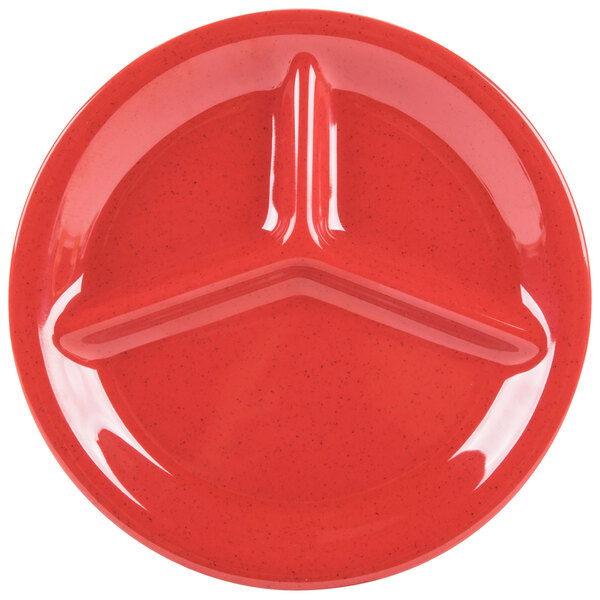 A red GET Melamine plate with three sections.