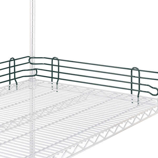 A Metro Super Erecta smoked glass ledge on a wire rack with green ledges.