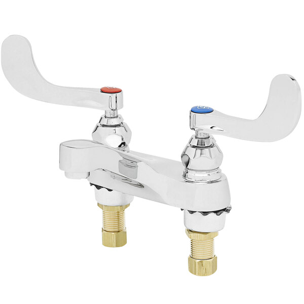 A T&S deck mount medical lavatory faucet with 4" wrist action handles.
