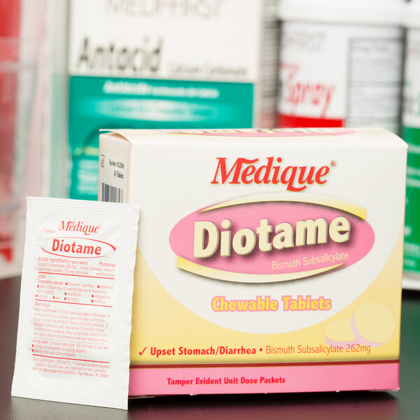 A box of 24 Medique Diotame tablets on a table.