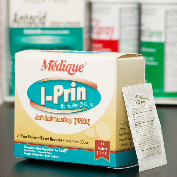 A box of Medique I-Prin Ibuprofen tablets on a table.