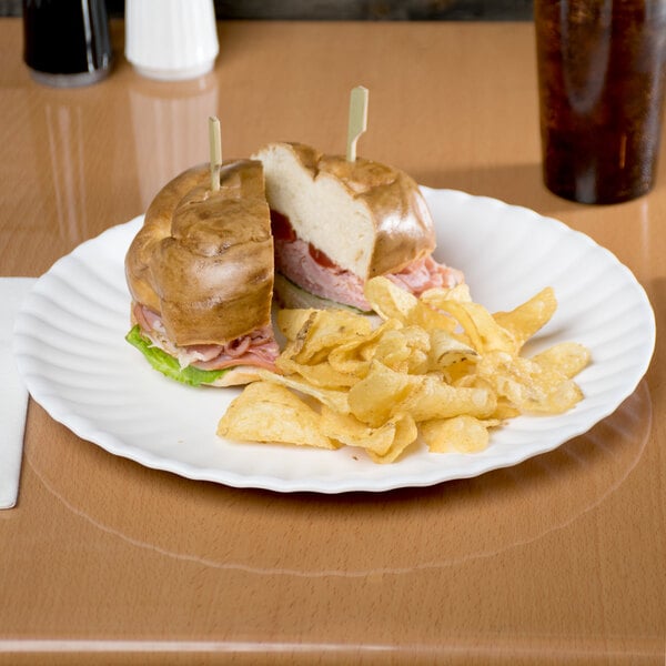 An American Metalcraft white round melamine plate with a sandwich on it.