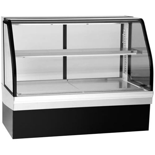 A black and white Federal Industries curved glass deli display case with glass doors.