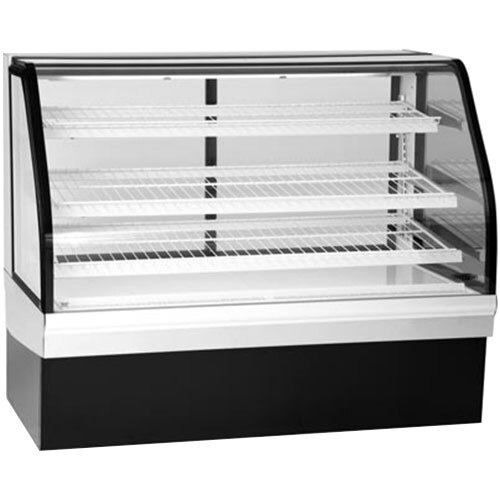 A black and white Federal Industries bakery display case with curved glass doors.