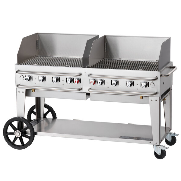 A Crown Verity stainless steel portable grill on wheels.