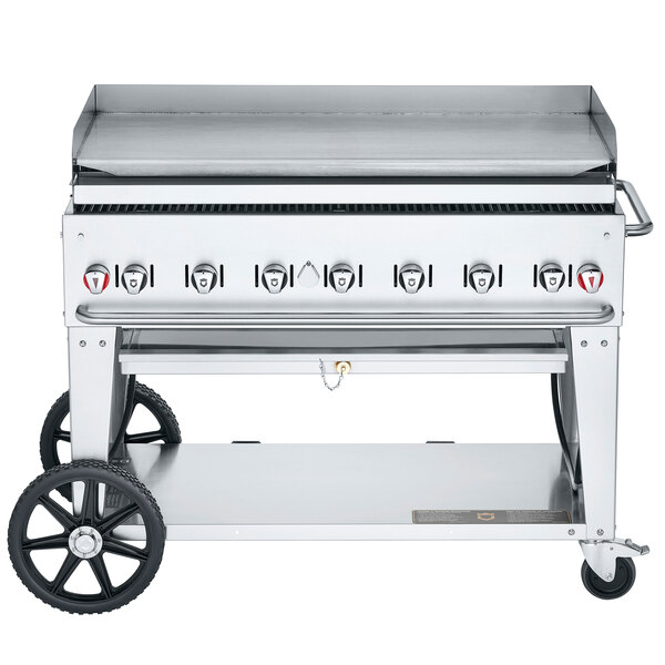 A Crown Verity natural gas outdoor griddle with wheels.