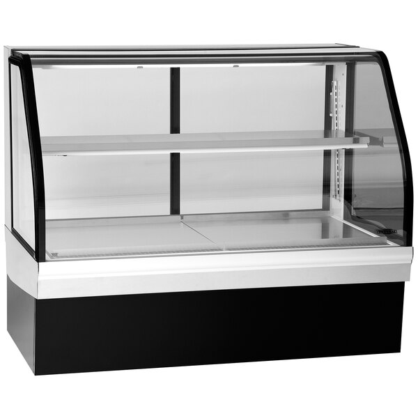 A Federal Industries curved glass deli display case with glass shelves.
