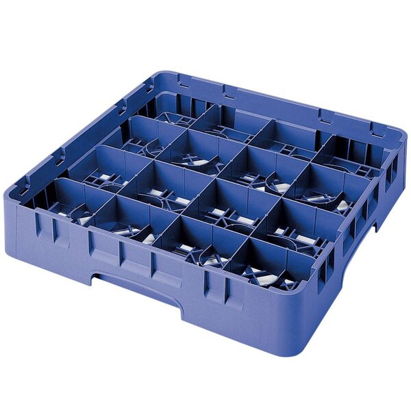 A blue plastic Cambro glass rack with 16 compartments and 6 extenders.