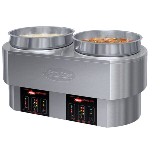 A Hatco dual countertop food warmer with two bowls of soup.