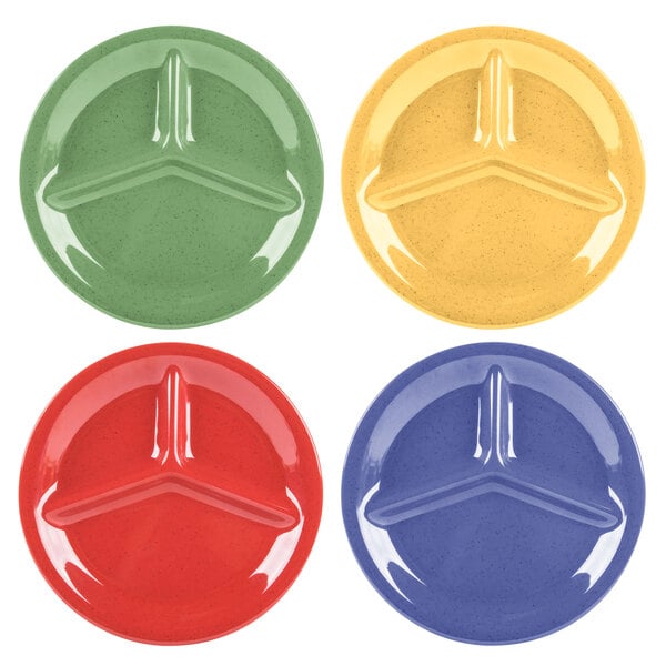 A group of GET Diamond Mardi Gras melamine plates in assorted colors with three compartments.