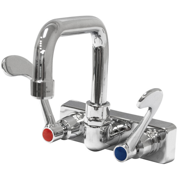 A white wall mounted Advance Tabco faucet with wrist handles. The faucet is chrome with red and blue accents.