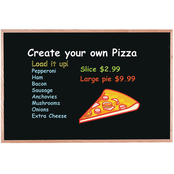 A black marker board with a slice of pizza and blue text.