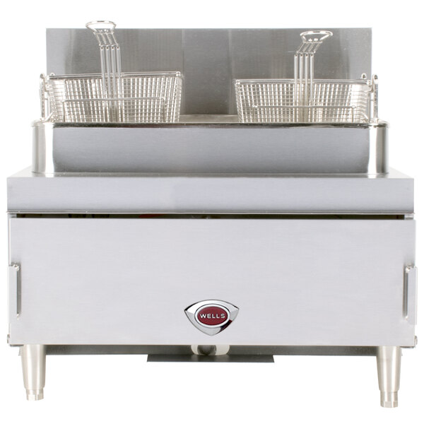 A Wells commercial liquid propane gas countertop fryer with two baskets on a counter.