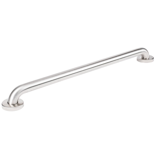A stainless steel Bobrick handicapped restroom grab bar with a round base.