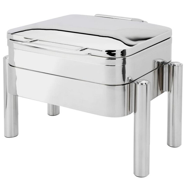 A silver stainless steel square chafer with a lid on a stand.