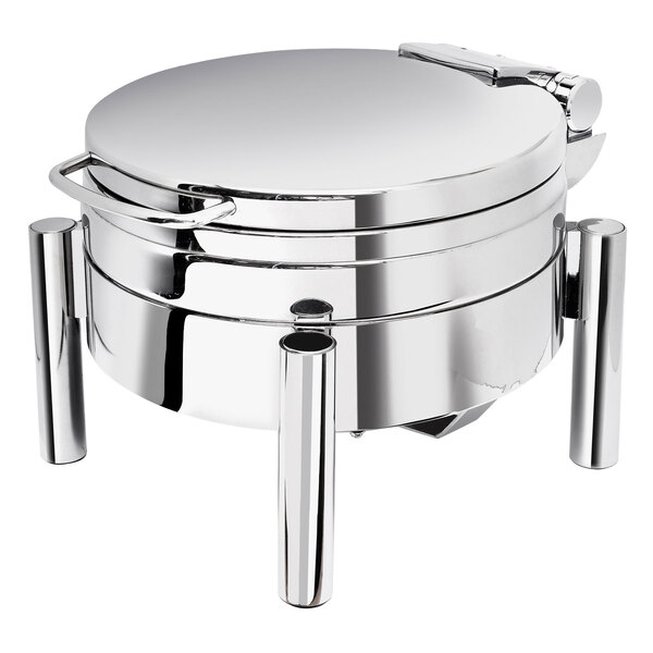 An Eastern Tabletop stainless steel round chafer with a hinged dome cover on a pillar'd stand.