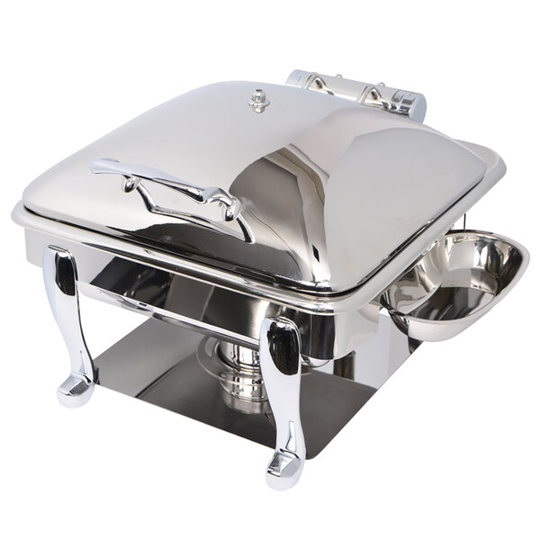 A stainless steel Eastern Tabletop Crown chafer set with a hinged dome lid on a silver tray.