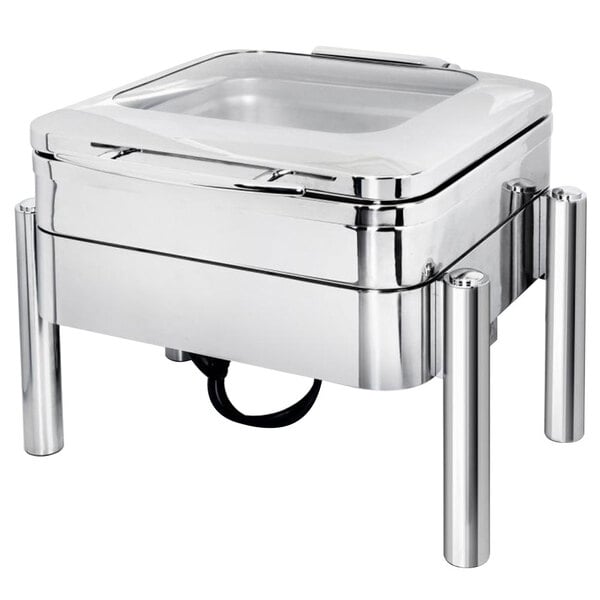 An Eastern Tabletop stainless steel square chafer with a hinged glass dome lid on a Pillar'd stand.