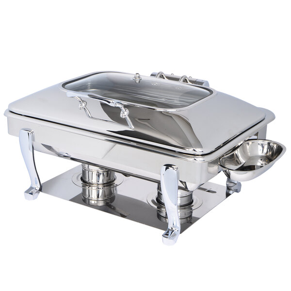 A silver rectangular Eastern Tabletop stainless steel chafer with a glass lid.