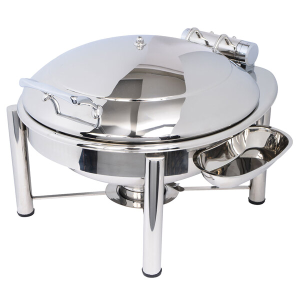 A stainless steel Eastern Tabletop Crown chafer with a hinged dome lid on a pillar'd stand.