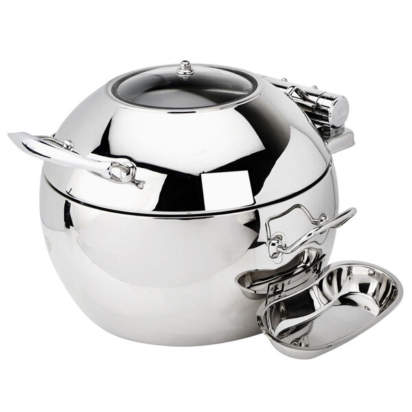 An Eastern Tabletop stainless steel round soup chafer with a hinged glass dome lid.