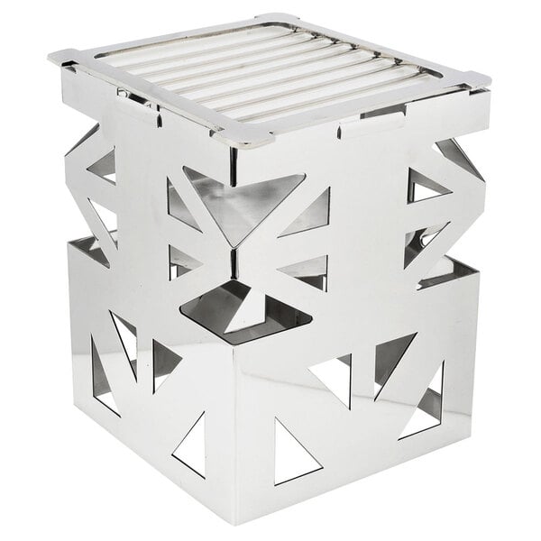 A silver stainless steel square cube with a fuel shelf and grate.