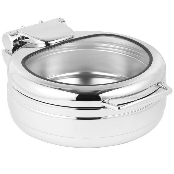 A silver stainless steel bowl with a hinged glass lid.