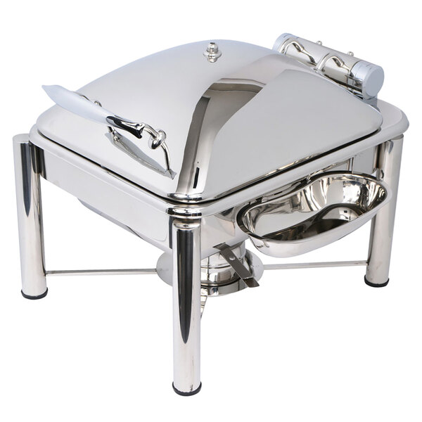 A stainless steel Eastern Tabletop Crown chafer with a hinged dome lid on a pillar'd stand.