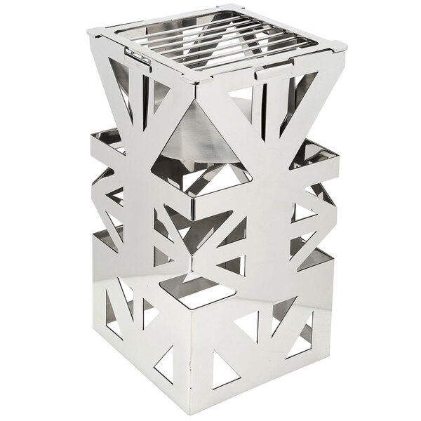 A stainless steel square cube with a grid shelf inside.