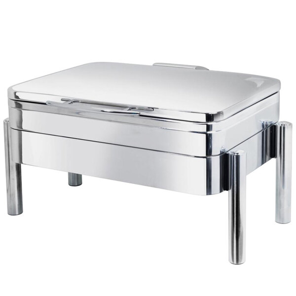 An Eastern Tabletop stainless steel rectangular chafer with a lid on a pillar'd stand.