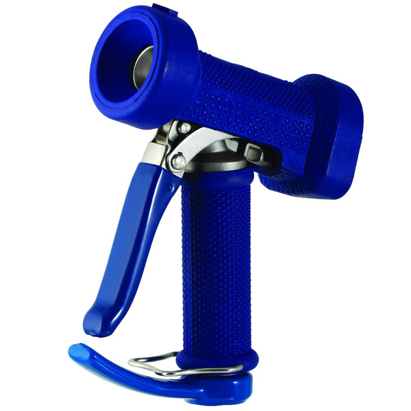 A stainless steel front trigger water gun with a blue handle.