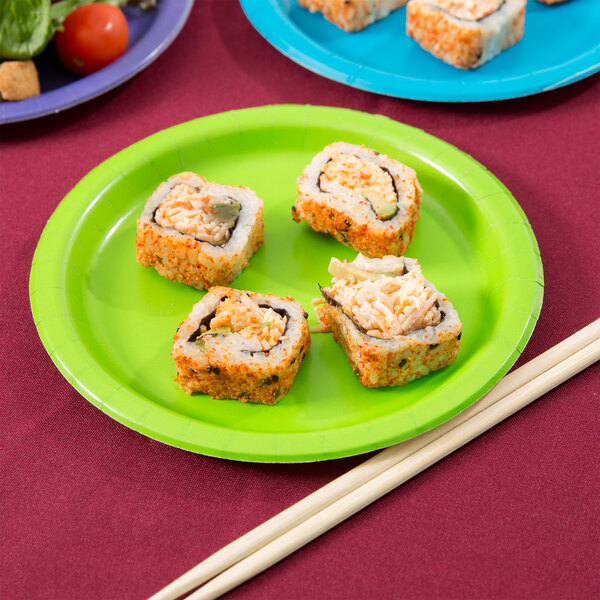 A sushi roll on a Creative Converting Fresh Lime Green paper plate.