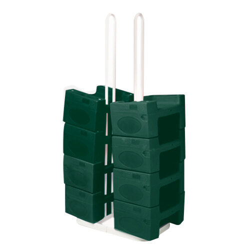 A white Koala Kare storage rack with green plastic booster seats and straps on it.
