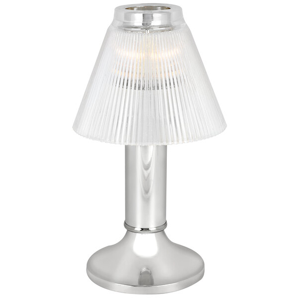 A silver Sterno Paige table lamp with a clear shade.
