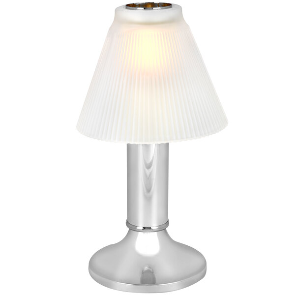 A Sterno Paige chrome table lamp with a white shade.