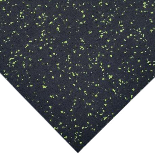 A close-up of a black and green speckled floor mat.