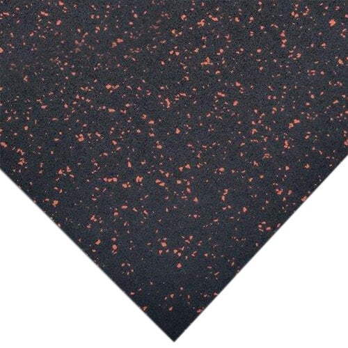 A close-up of a red rubber floor mat with black and orange speckles.