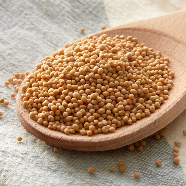 A wooden spoon full of Regal yellow mustard seeds.
