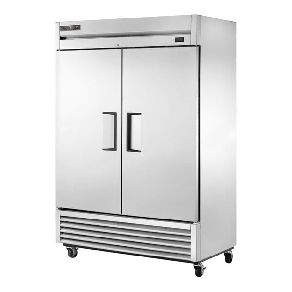 A stainless steel True T-49F-HC reach-in freezer with two solid doors.