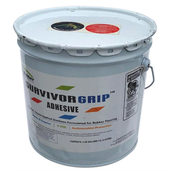 A white bucket with a white lid containing Cactus Mat rubber floor mat adhesive.