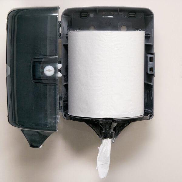 A roll of Lavex white paper towels in a dispenser.